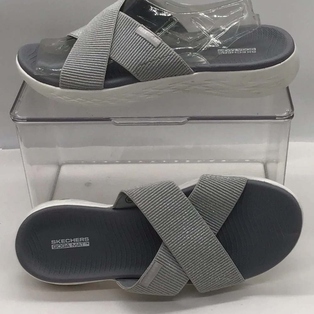 Skechers Goga Mat Gray Stretch Criss Cross Slide On Sandal - Picture 2 of 9